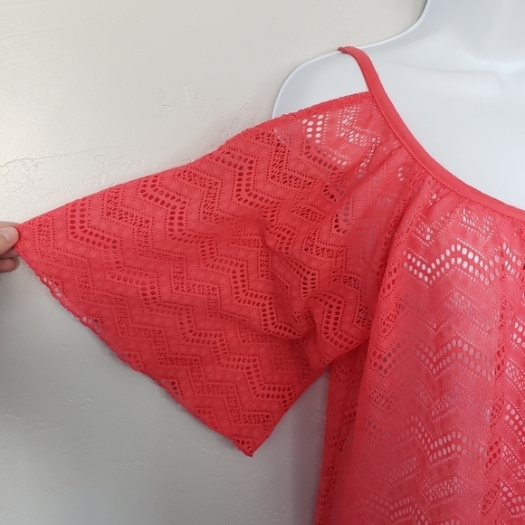 Miken Swim Women's Small Coral Pink Cold Shoulder Lace Swim Cover Up Beach Lake - Picture 3 of 8